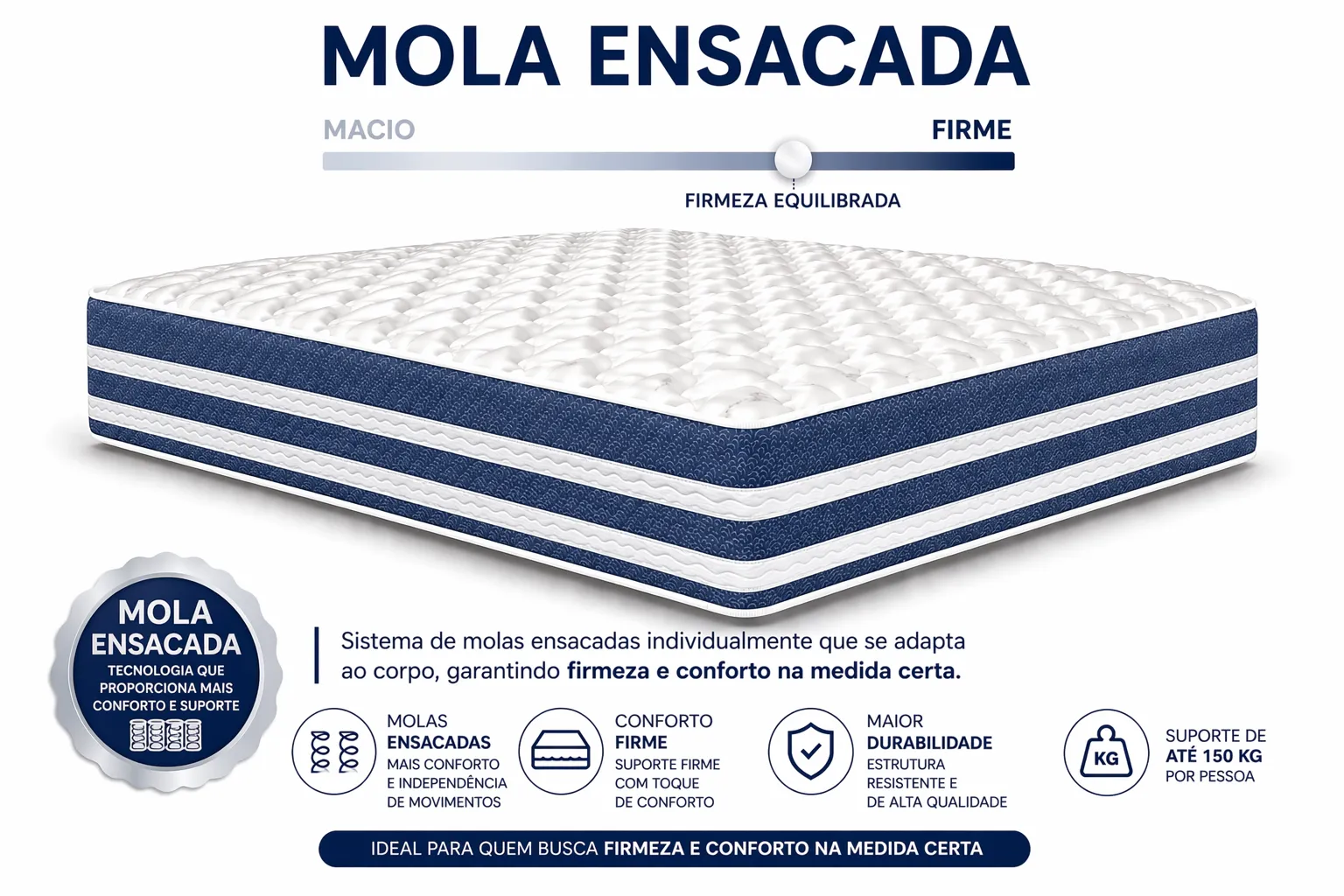 Kit Cama Box + Colchão Mola Ensacada Solteirão 0,96m - Azul foto 4