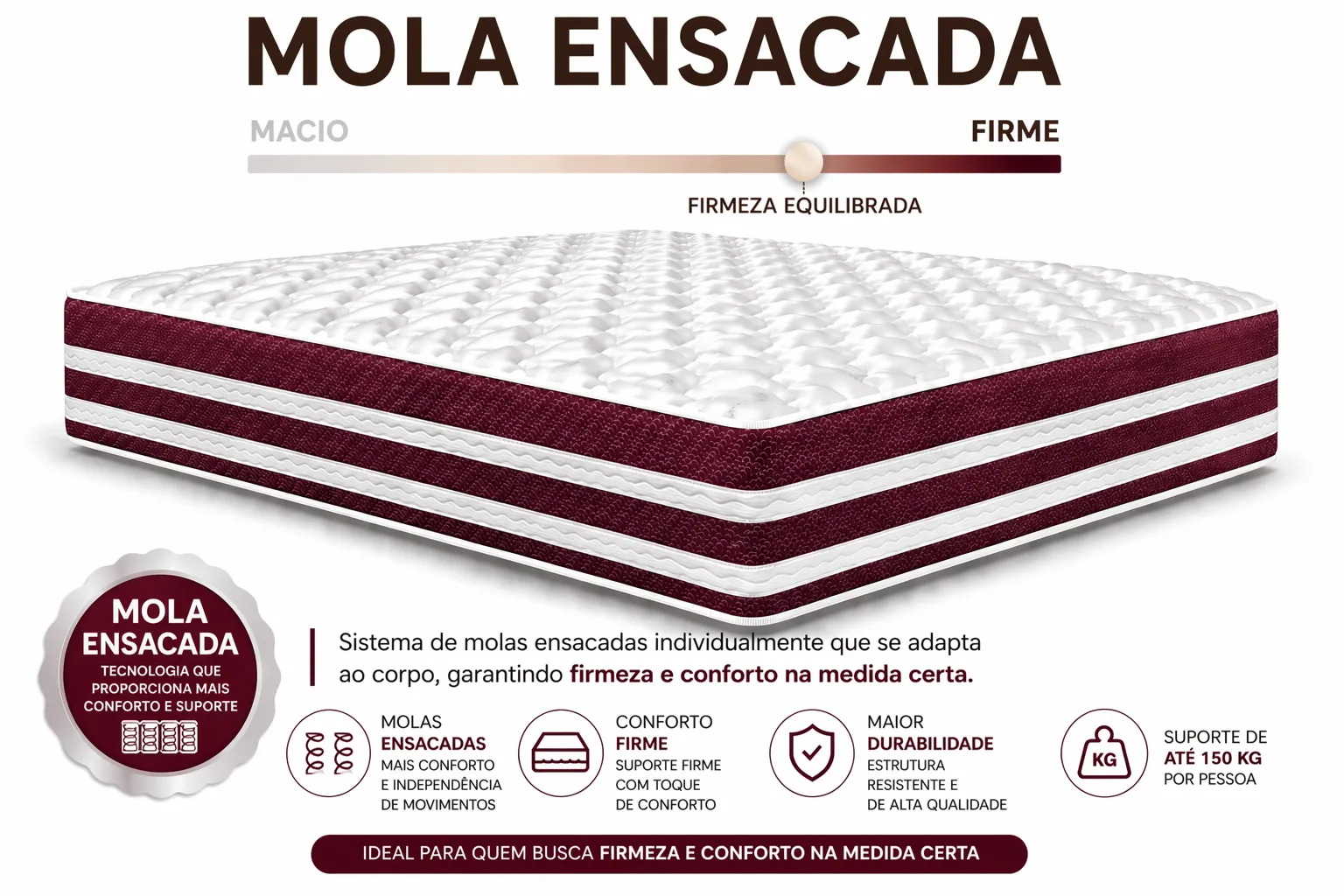 Kit Cama Box + Colchão Mola Ensacada Solteirão 0,96m - Vinho foto 4