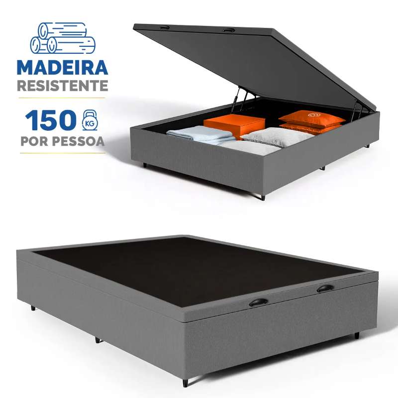 Kit Cama Box Baú + Colchão D45 King 1,98m - Cinza