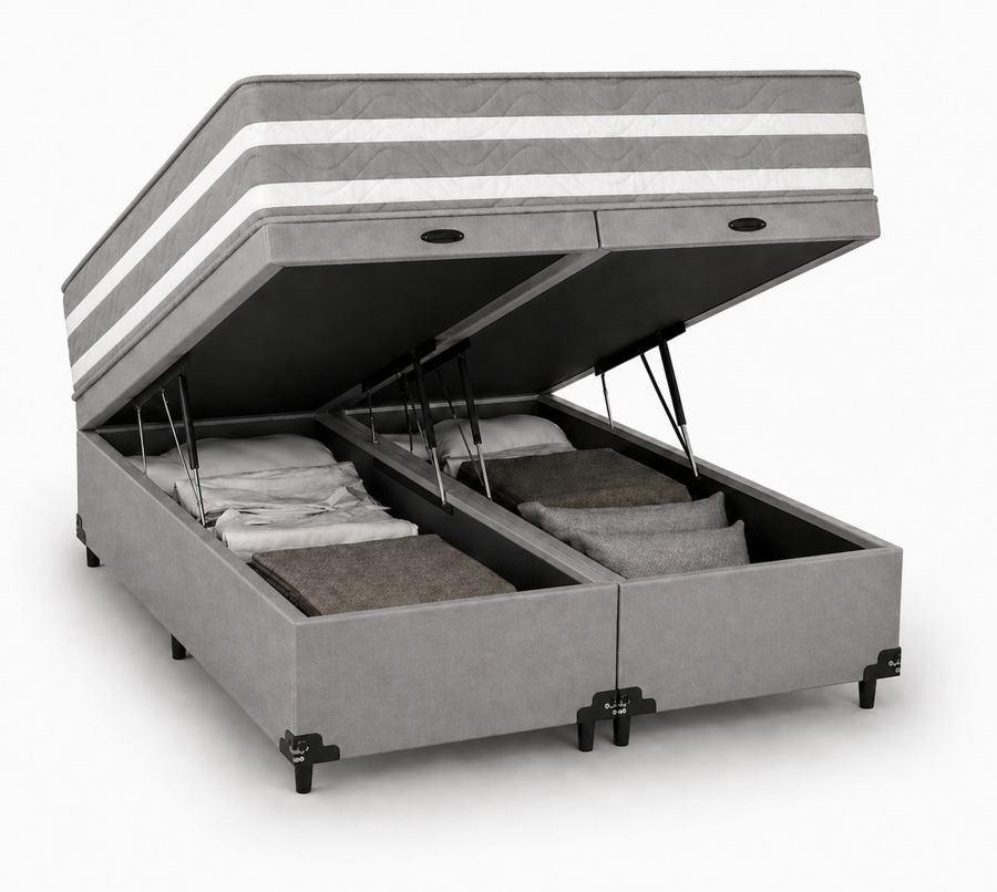 Kit Cama Box + Colchão Mola Ensacada Queen 1,58m - Cinza