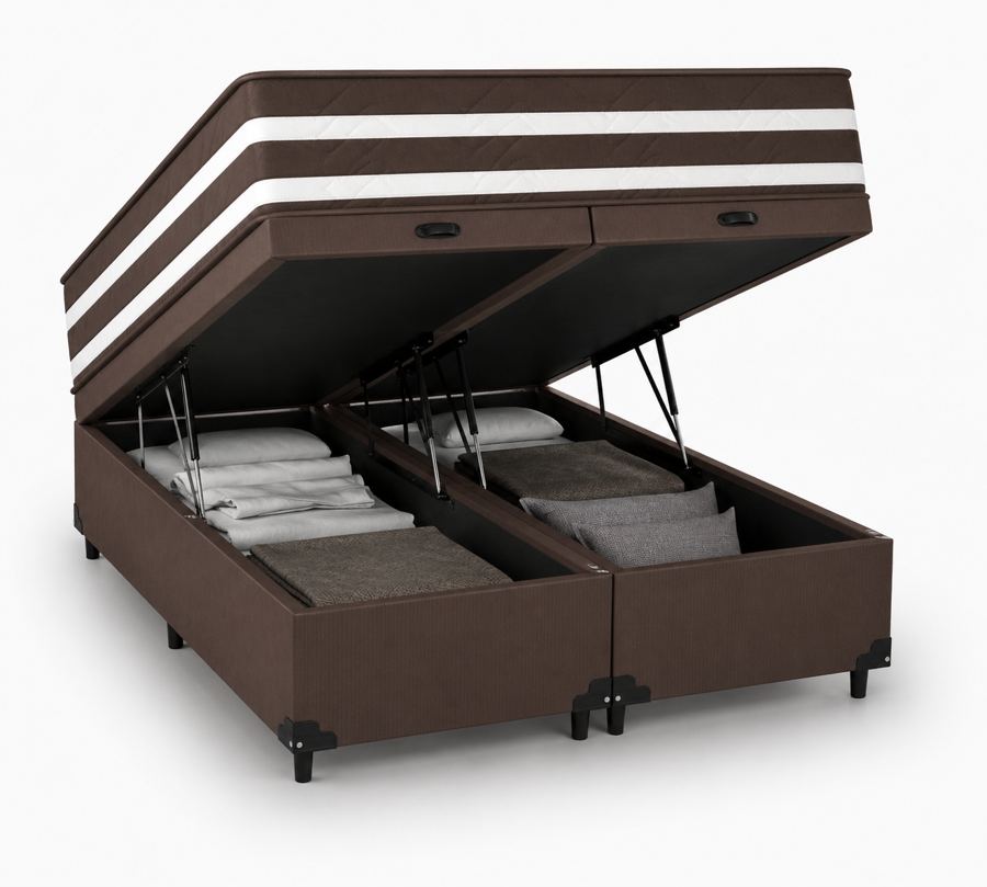 Kit Cama Box Baú + Colchão Mola Ensacada King 1,98m - Marrom