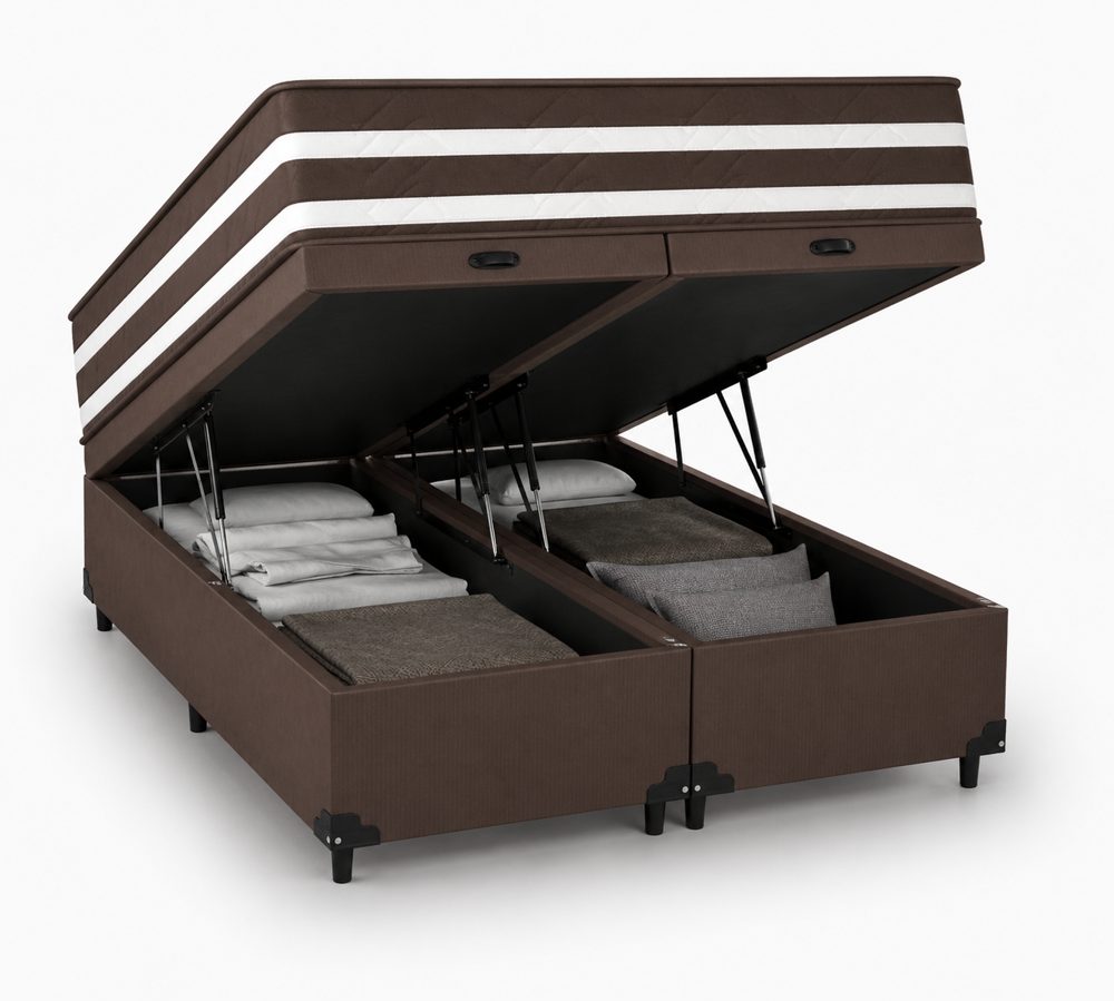 Kit Cama Box Baú + Colchão Mola Ensacada Solteirão 0,96m - Marrom